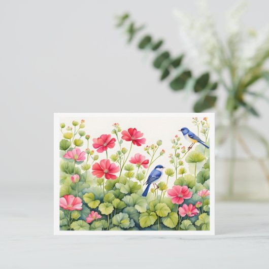 Charmante tuin scene, Bluebirds en roze bloemen Briefkaart (Staand voorkant)