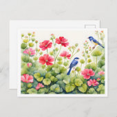 Charmante tuin scene, Bluebirds en roze bloemen Briefkaart (Voorkant / Achterkant)