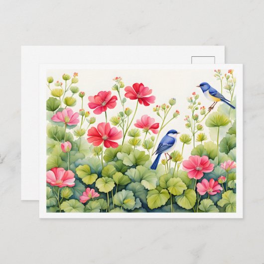 Charmante tuin scene, Bluebirds en roze bloemen Briefkaart (Voorkant / Achterkant)