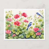 Charmante tuin scene, Bluebirds en roze bloemen Briefkaart (Voorkant)