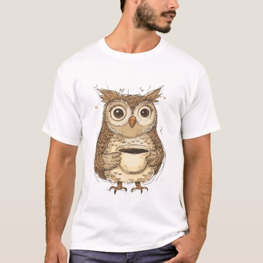 Charmante uil met koffie Mok Illustratie T-shirt (Voorkant)
