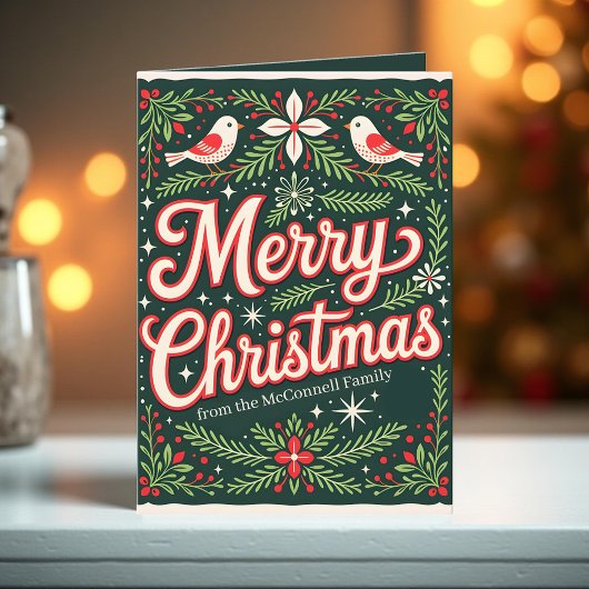 Charmante volkskunst vogels en Holly Berry Kerstmi Feestdagen Kaart