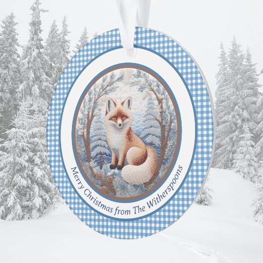 Charmante vos in Blue Forest Gingham Kerstmis Ornament