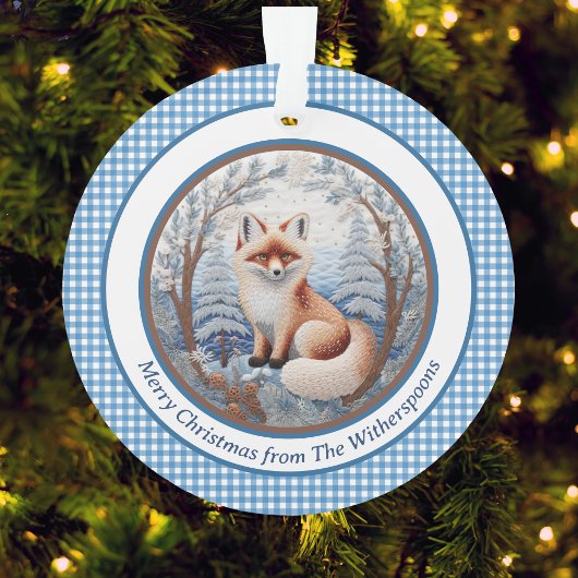Charmante vos in Blue Forest Gingham Kerstmis Ornament
