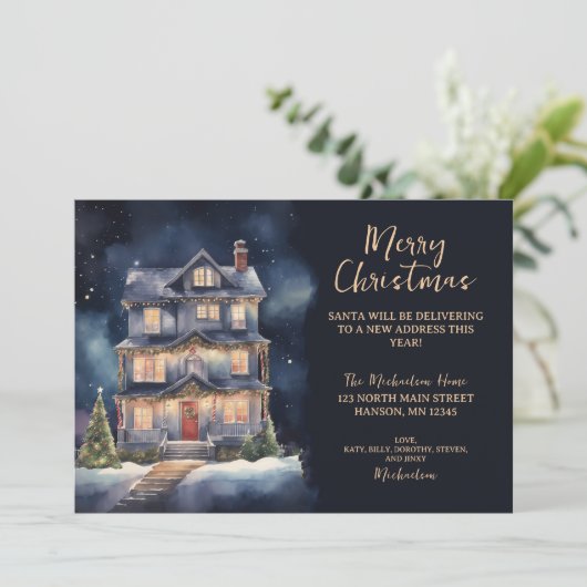 Charmante Waterverf Kerstmis Huis Verhuizen Aankondiging (Staand voorkant)