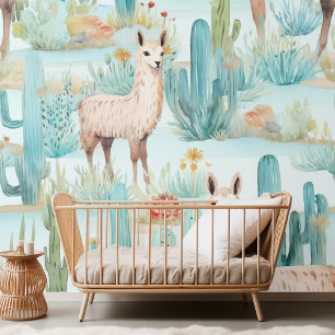 Charmante Waterverf Llama & Desert Cacti Pattern Behang