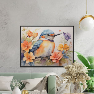 Charmante Waterverf Vogel Bloemen Vogelliefhebbers Perfect Poster