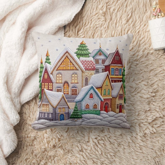 Charmante Winter Village borduurwerk Sierkussen (Deken)