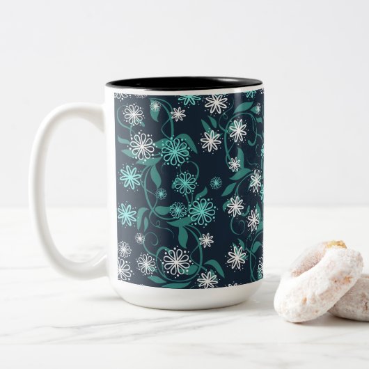 Charmante witte & Blauwgroen Bloemen Tweekleurige Koffiemok (Met donut)