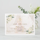 Charmante witte bloemen foto meisje doop save the date (Staand voorkant)