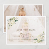 Charmante witte bloemen foto meisje doop save the date (Voorkant / Achterkant)