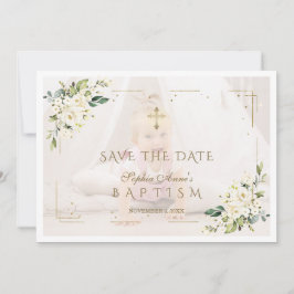 Charmante witte bloemen foto meisje doop save the date