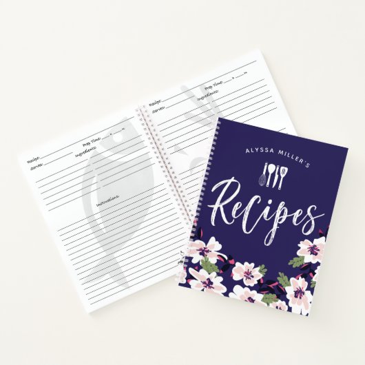 Charmante Witte Bloemen Marine Blauwe Recepten Notitieboek (Binnen)