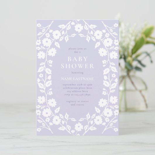 Charmante Witte Bloemen Pastel Paarse Baby shower Kaart (Staand voorkant)