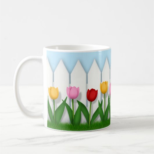Charmante witte piket hek met tulpen koffiemok (Links)