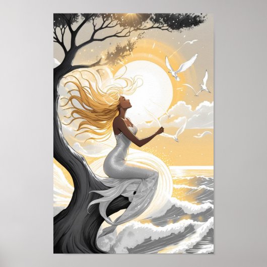 Charmante zoete zeemeermin zittend onder de zon poster (Voorkant)