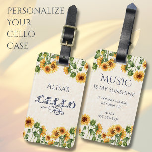 Charmante zonnebloem cello instrumentenhoes label bagagelabel