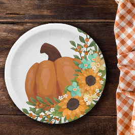Charmante Zonnebloemen & Oranje Pompoen Papieren Bordje