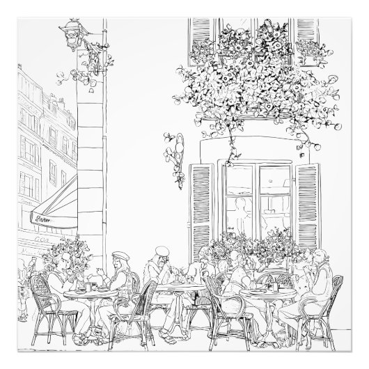 Charmante zwart wit Parijs Café Sketch Foto Afdruk (Voorkant)
