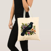 Charmante zwarte vogel met bloemen in bloei tote bag (Voorkant (product))