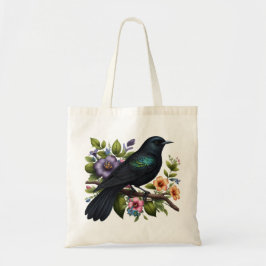 Charmante zwarte vogel met bloemen in bloei tote bag