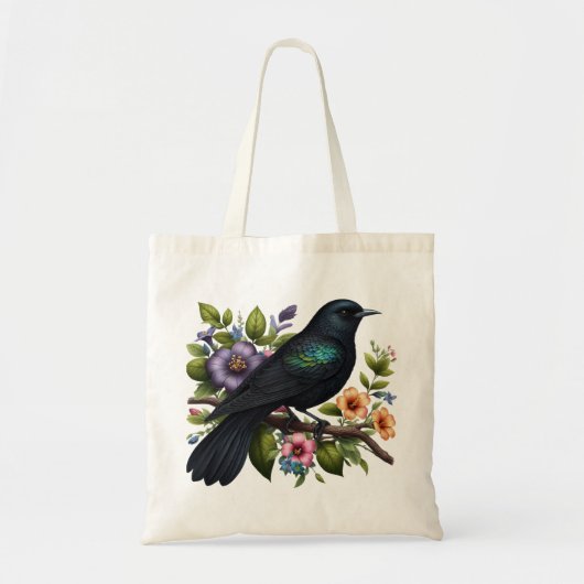 Charmante zwarte vogel met bloemen in bloei tote bag (Voorkant)