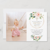 Charme Blush Roze Bloem Goud Meisje Foto Doop  Kaart (Voorkant)
