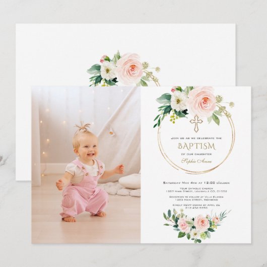 Charme Blush Roze Bloem Goud Meisje Foto Doop  Kaart (Voorkant / Achterkant)