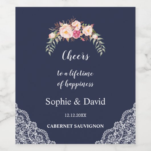 Charme Blush Roze Bloemen Kant Navy Bruiloft Wijn Etiket (Enkel label)