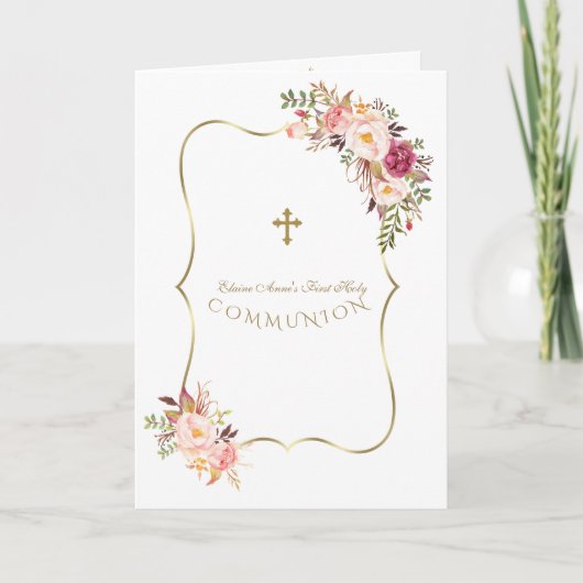 Charme Blush Roze Bloemen Meisje Foto Eerste Heili Bedankkaart (Voorkant)