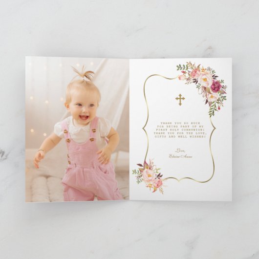 Charme Blush Roze Bloemen Meisje Foto Eerste Heili Bedankkaart (Binnen)