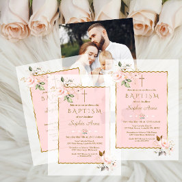 Charme Blush Roze Gouden Bloemen Meisje Doop Vellum Uitnodigingen