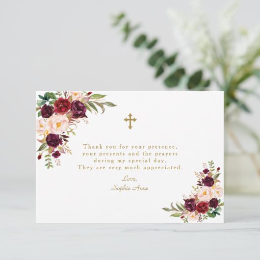 Charme Bourgondië Marsala Bloem Meisje Doop Bedankkaart (Staand voorkant)