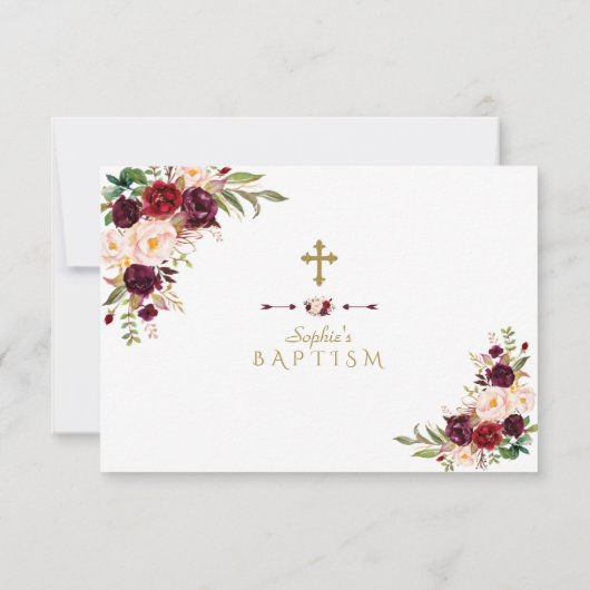 Charme Bourgondië Marsala Bloem Meisje Doop Bedankkaart (Achterkant)