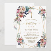 Charme Dusty Blue Misty Roos Flowers Gouden Doop Kaart (Voorkant / Achterkant)