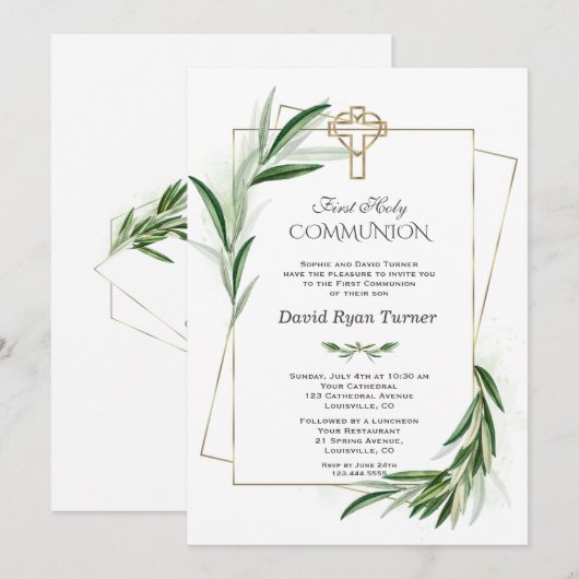 Charme Groene Olijfbladeren Goud Eerste Heilige Co Kaart (Voorkant / Achterkant)