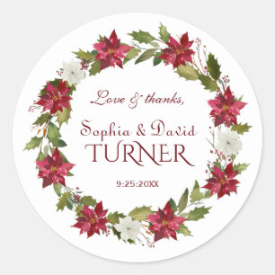 Charme Kerst Rood Wit Poinsettia Huwelijk Ronde Sticker