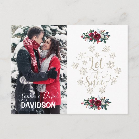 Charme Rode Bloemen Pine Fotovakantie Laat het sne Uitnodiging Briefkaart (Voorkant)