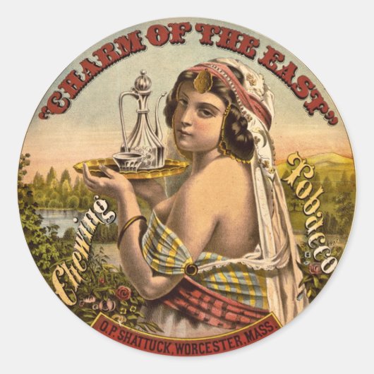 Charme van de Oost- kauwtabak ad 1872 Ronde Sticker (Voorkant)