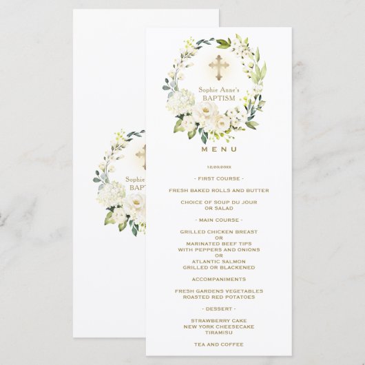 Charme Waterverf Witte Bloemen Krans Doop Menu (Voorkant / Achterkant)