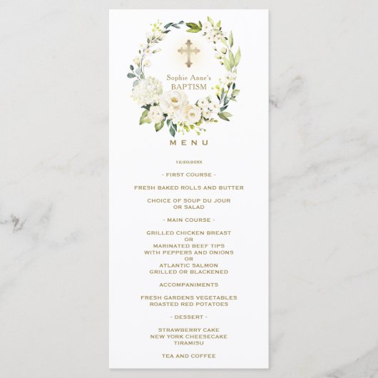 Charme Waterverf Witte Bloemen Krans Doop Menu (Voorkant)