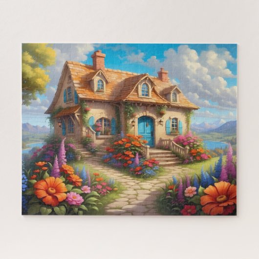 Charmerend Cottage met Blauwe Deur Bloementuin Legpuzzel (Horizontaal)