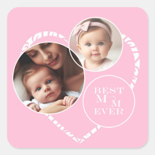 Charmerend en Elegant 3-Foto Roze en Witte Hart Vierkante Sticker