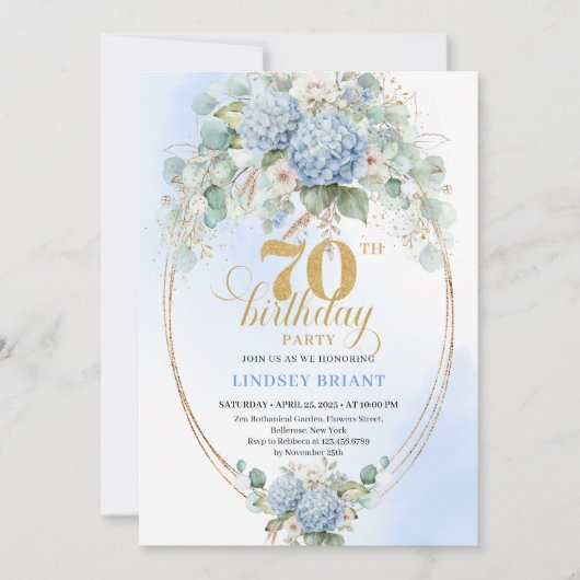 Charming 70th Birthday Blue Hydrangea Eucalyptus  Kaart (Voorkant)