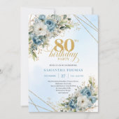 Charming 80th Birthday Invite Dusty Blue Flowers  Kaart (Voorkant)