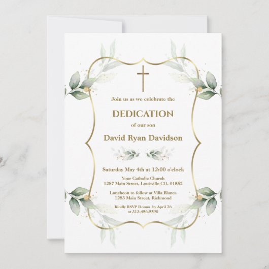 Charming Airy Greenery Gold Cross Dedication Kaart (Voorkant)