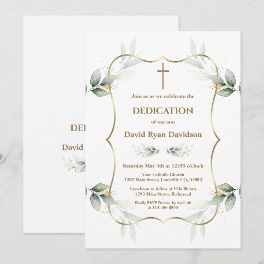 Charming Airy Greenery Gold Cross Dedication  Kaart (Voorkant / Achterkant)