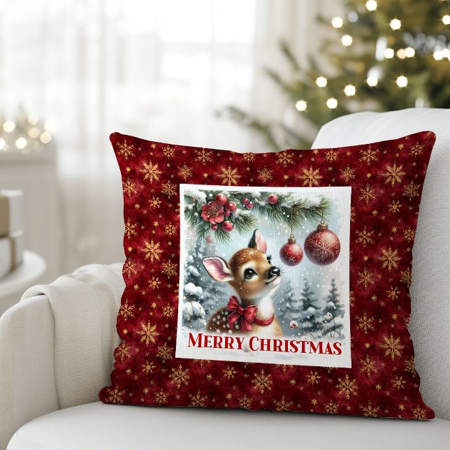 Charming baby fawn festive winter scene Christmas  Kussen (Charming baby fawn festive winter scene Christmas pillow)