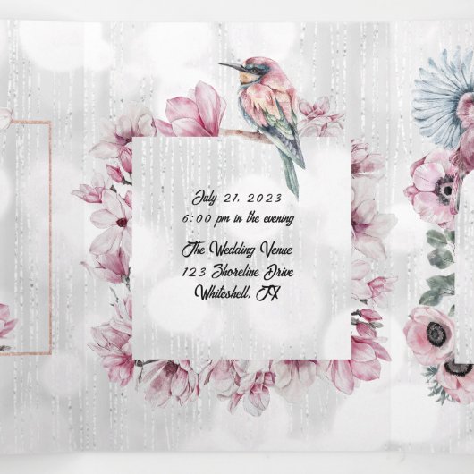 Charming Birds en Magnolia Blossom Drieluik Uitnodiging (Binnenkant midden)