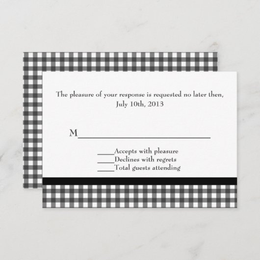 Charming Black & White Gingham Wedding RSVP Kaartje (Voorkant / Achterkant)